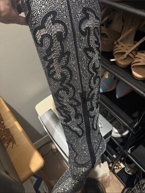 INC International Concepts Black and Silver Rhinestone Knee-High Heeled Boots